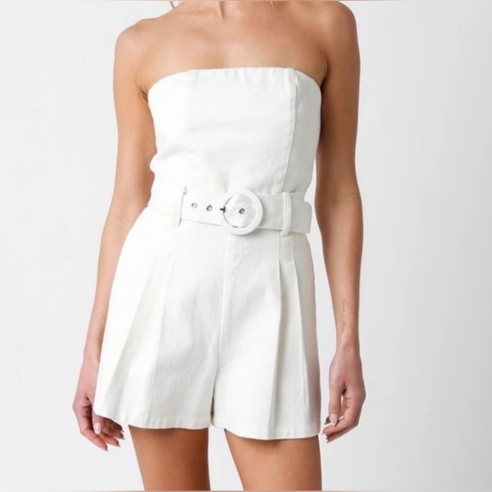 Denim White Strapless Romper with Belt